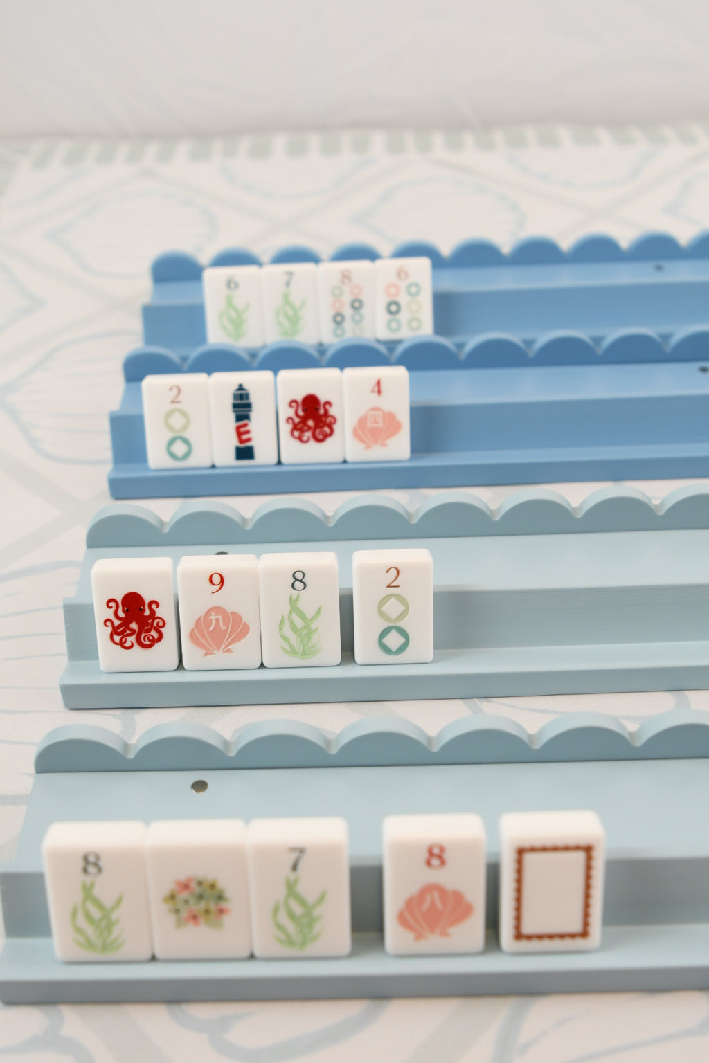 Powder Blue Mahjong Racks 20" with Scallop Pushers, 4 per set