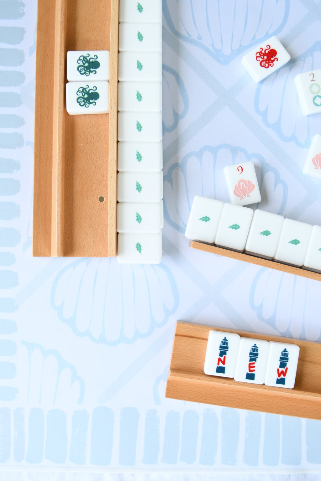 Natural Wood Mahjong Racks 20" with FLAT Pushers, 4 per set