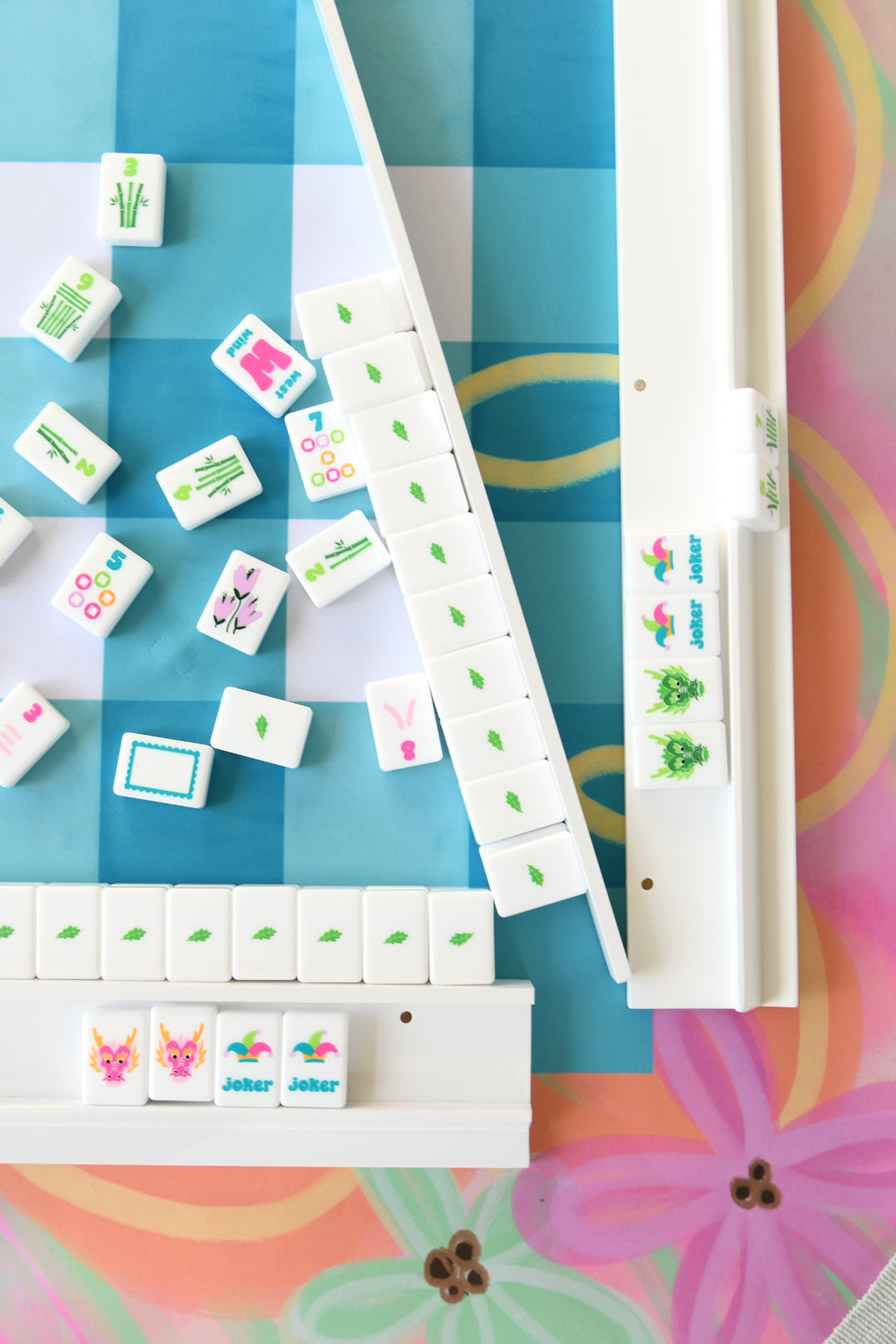 White Wood Mahjong Racks 20" with FLAT Pushers, 4 per set